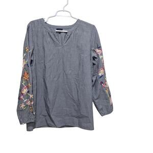 Talbots Embroidered Sleeve Stripe Blouse Medium Cotton Split Neck